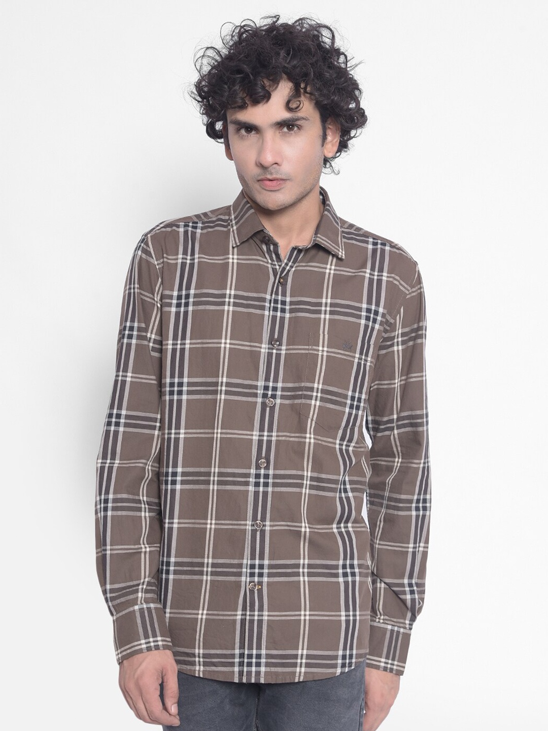 

Crimsoune Club Slim Fit Checked Pure Cotton Casual Shirt, Grey