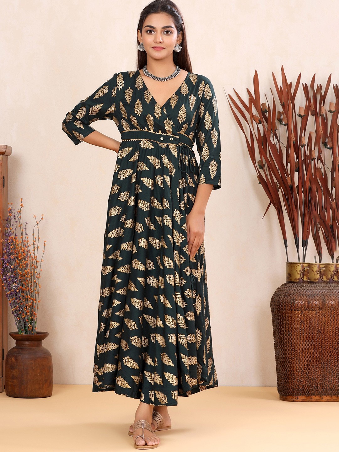 

Sangria Ethni Motifs Printed V-Neck Wrap Ethnic Dress, Olive