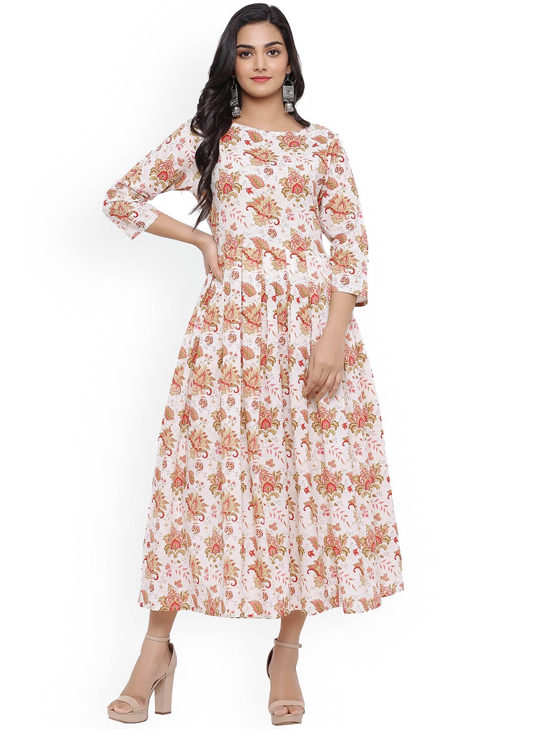 

Sangria Floral Printed Fit and Flare Pure Cotton Ethnic Dress, Pink