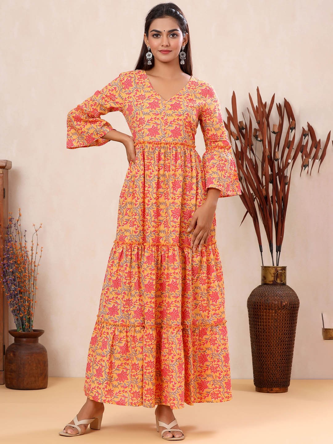 

Sangria Floral Printed V-Neck Bell Sleeves Gathered Detail Maxi Ethnic Dress, Pink