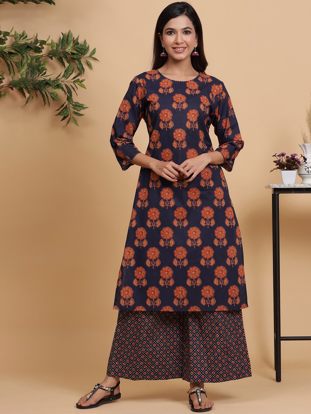 

Sangria Floral Printed Pure Cotton Straight Kurtas, Blue
