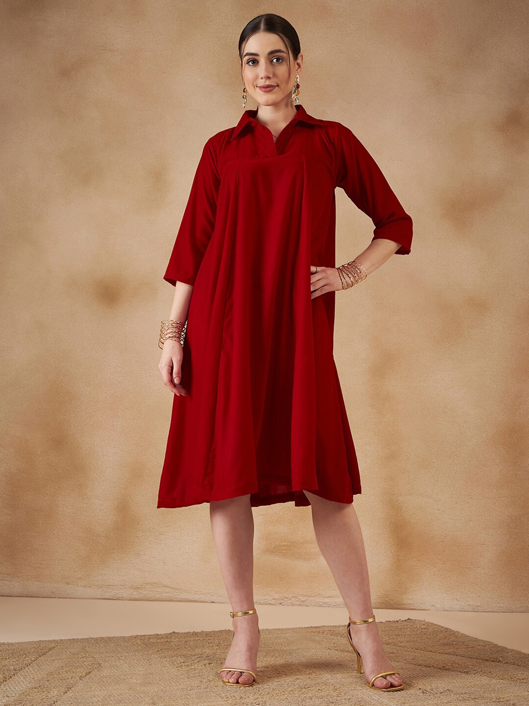 

InWeave Shirt Collar Three-Quarter Sleeve Pleated A-line Velvet Dress, Red