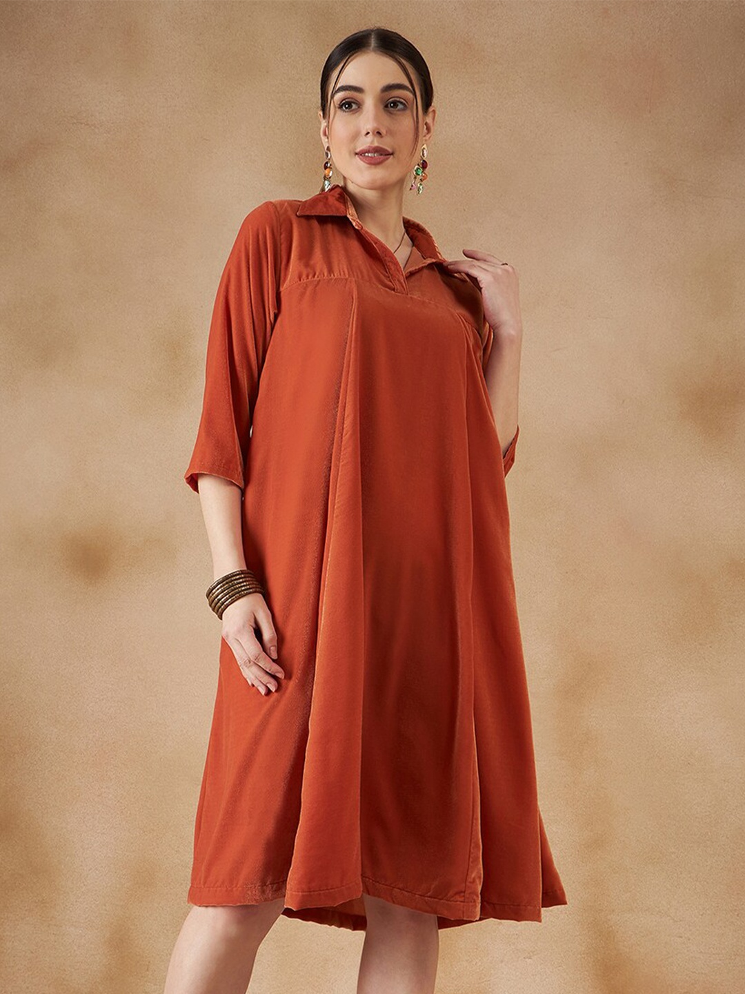 

InWeave Shirt Collar Velvet A-Line Dress, Rust