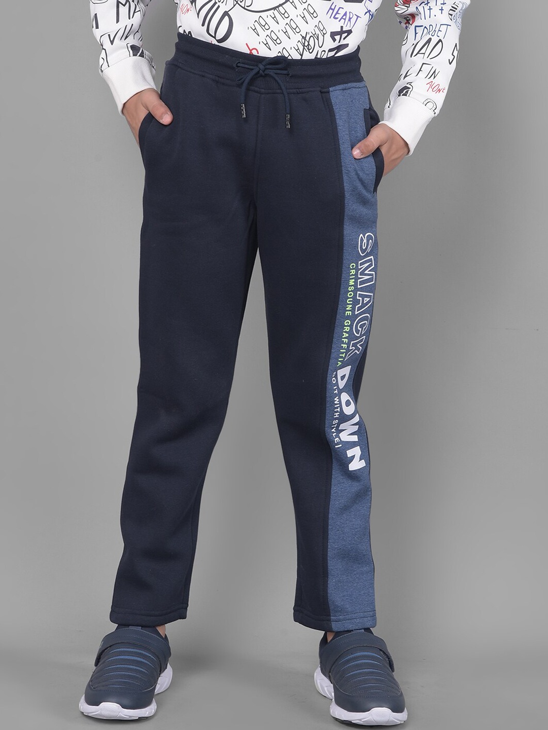 

Crimsoune Club Boys Typography Printed Mid-Rise Track Pants, Navy blue