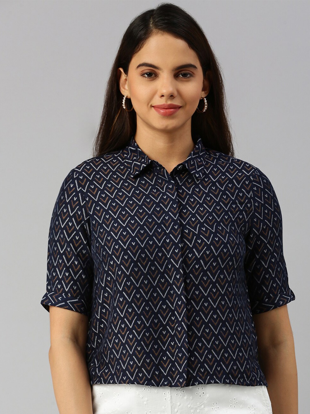 

De Moza Geometric Printed Original Shirt, Navy blue