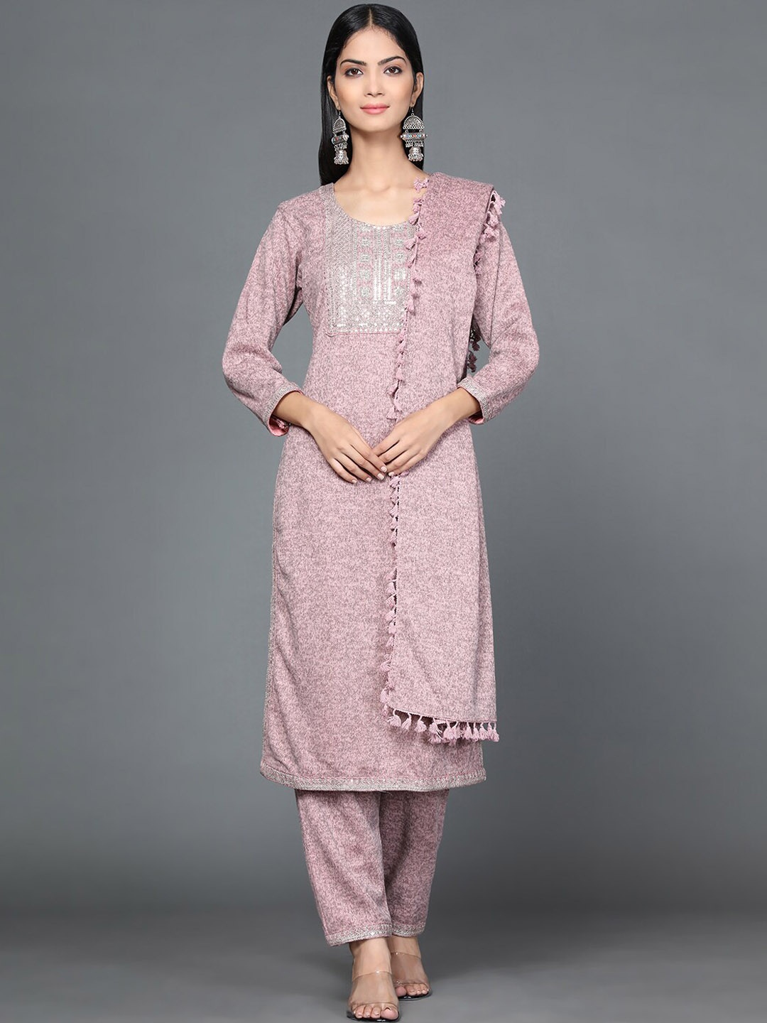 

KALINI Thread Work Detailed Pure Wool Straight Kurta & Trouser With Dupatta, Pink