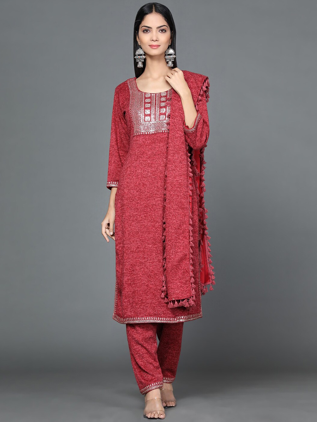 

KALINI Floral Yoke Design Sequinned Pure Wool Kurta With Trousers & Dupatta, Maroon