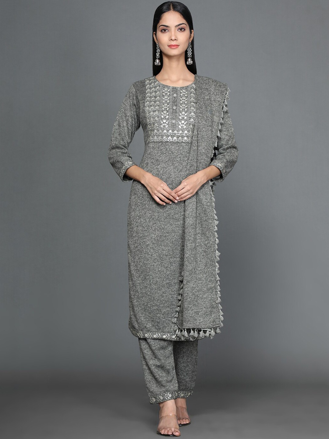 

KALINI Abstract Printed Sequinned Pure Wool Kurta with Trousers & With Dupatta, Grey