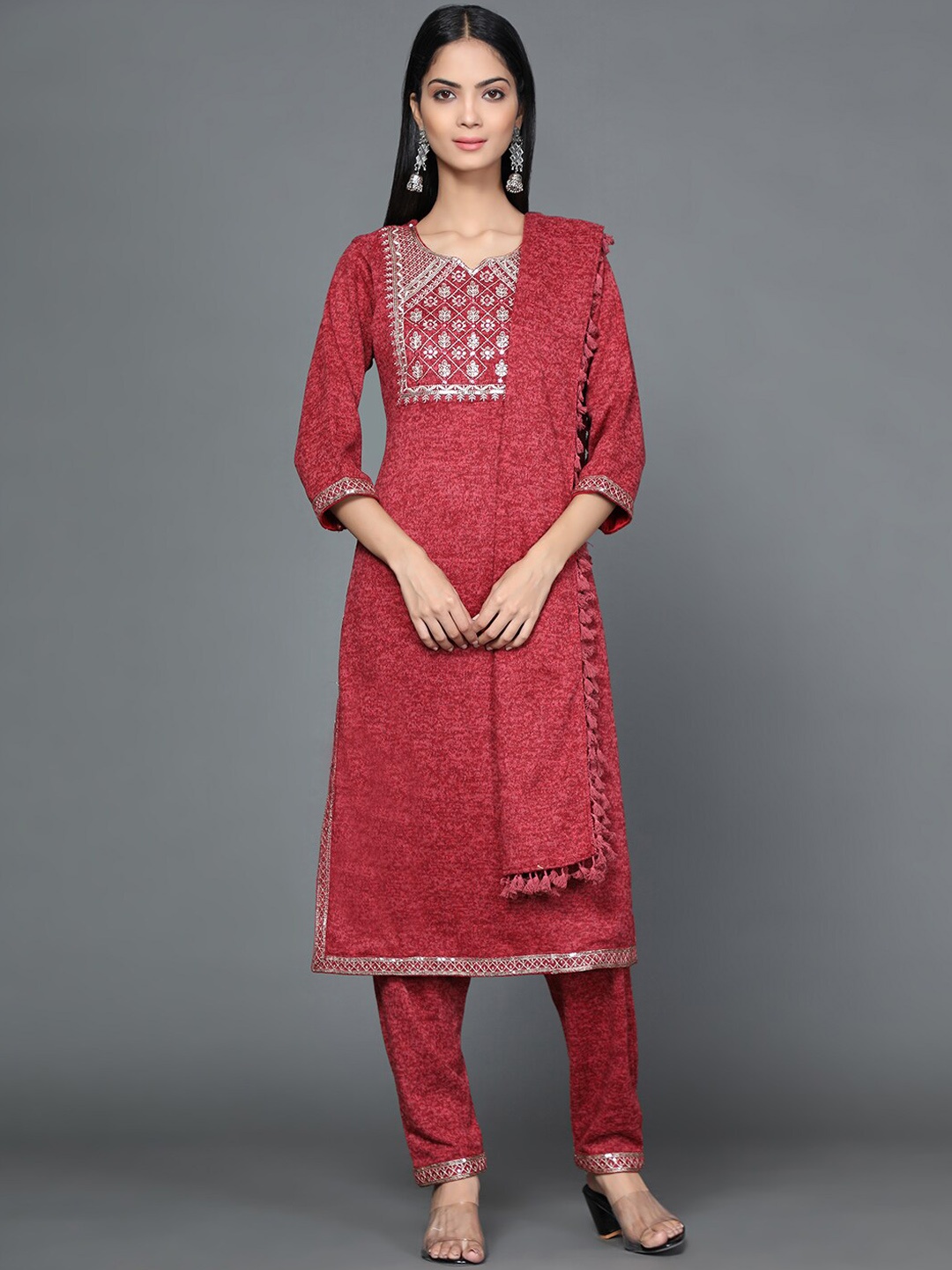 

KALINI Floral Yoke Design Mirror Work Pure Wool Kurta With Trousers & Dupatta, Maroon
