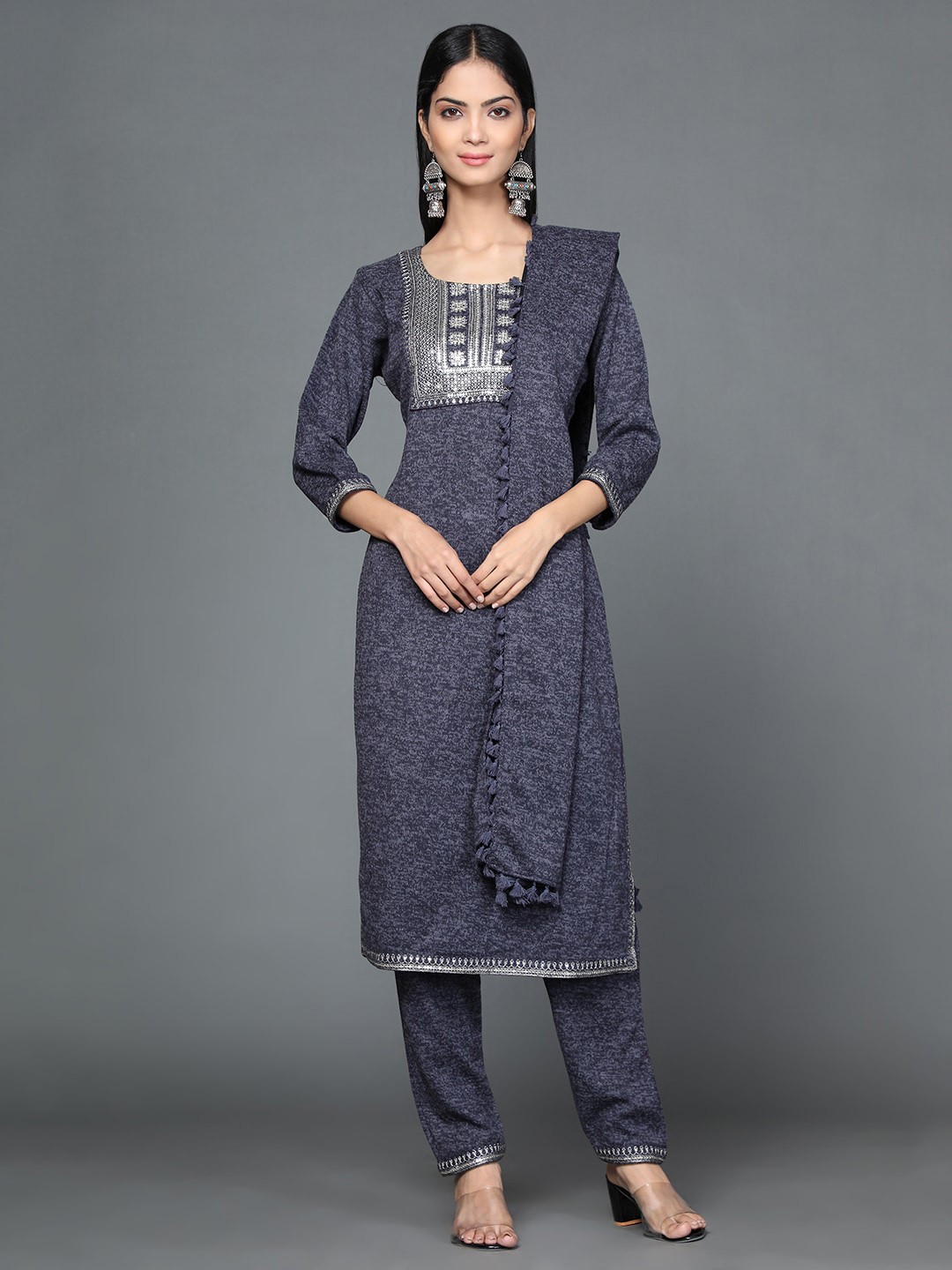 

KALINI Ethnic Motifs Yoke Design Sequinned Pure Wool Kurta With Trousers & Dupatta, Navy blue