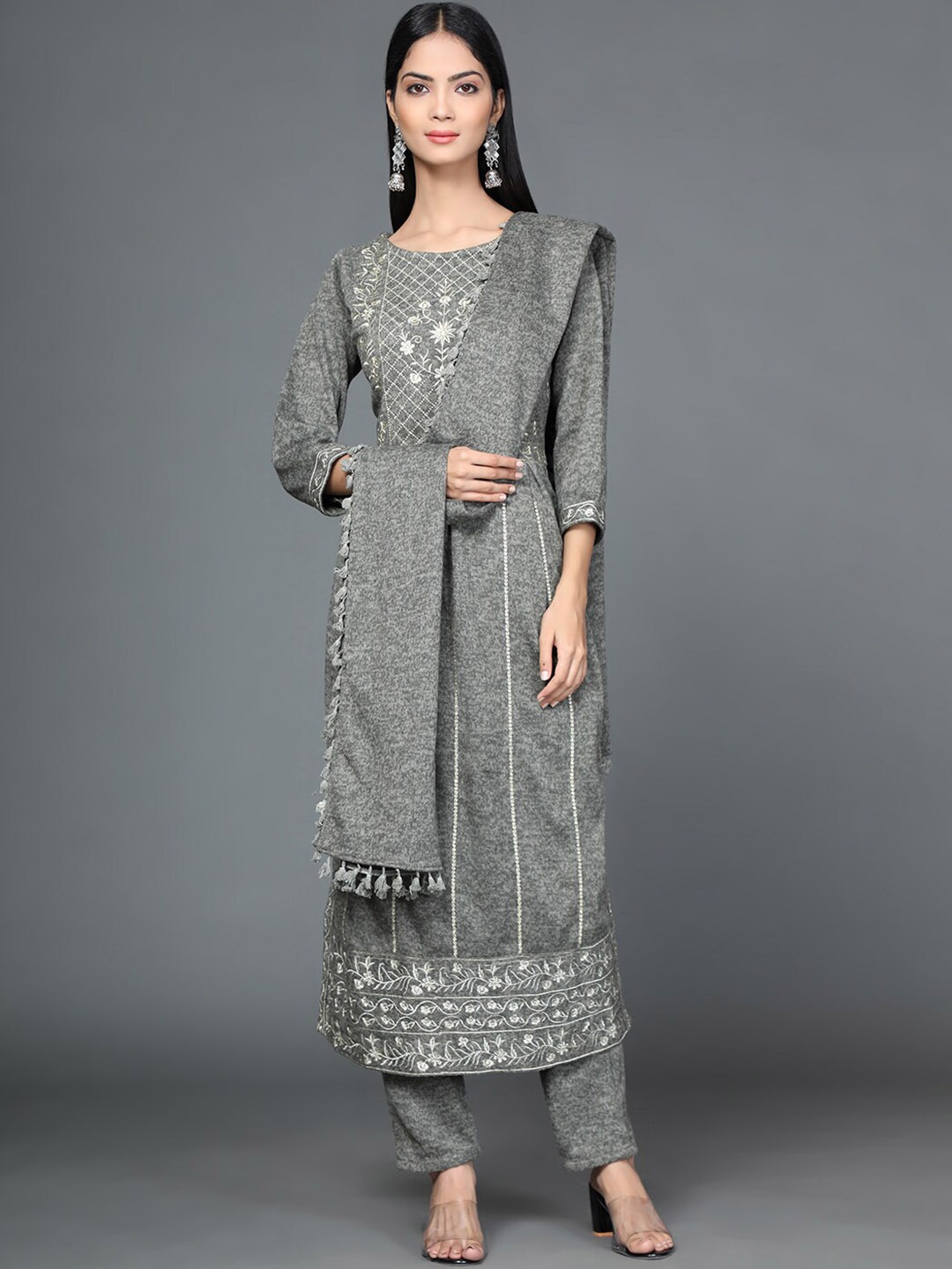

KALINI Floral Embroidered Pure Wool Kurta With Trousers & Dupatta, Grey