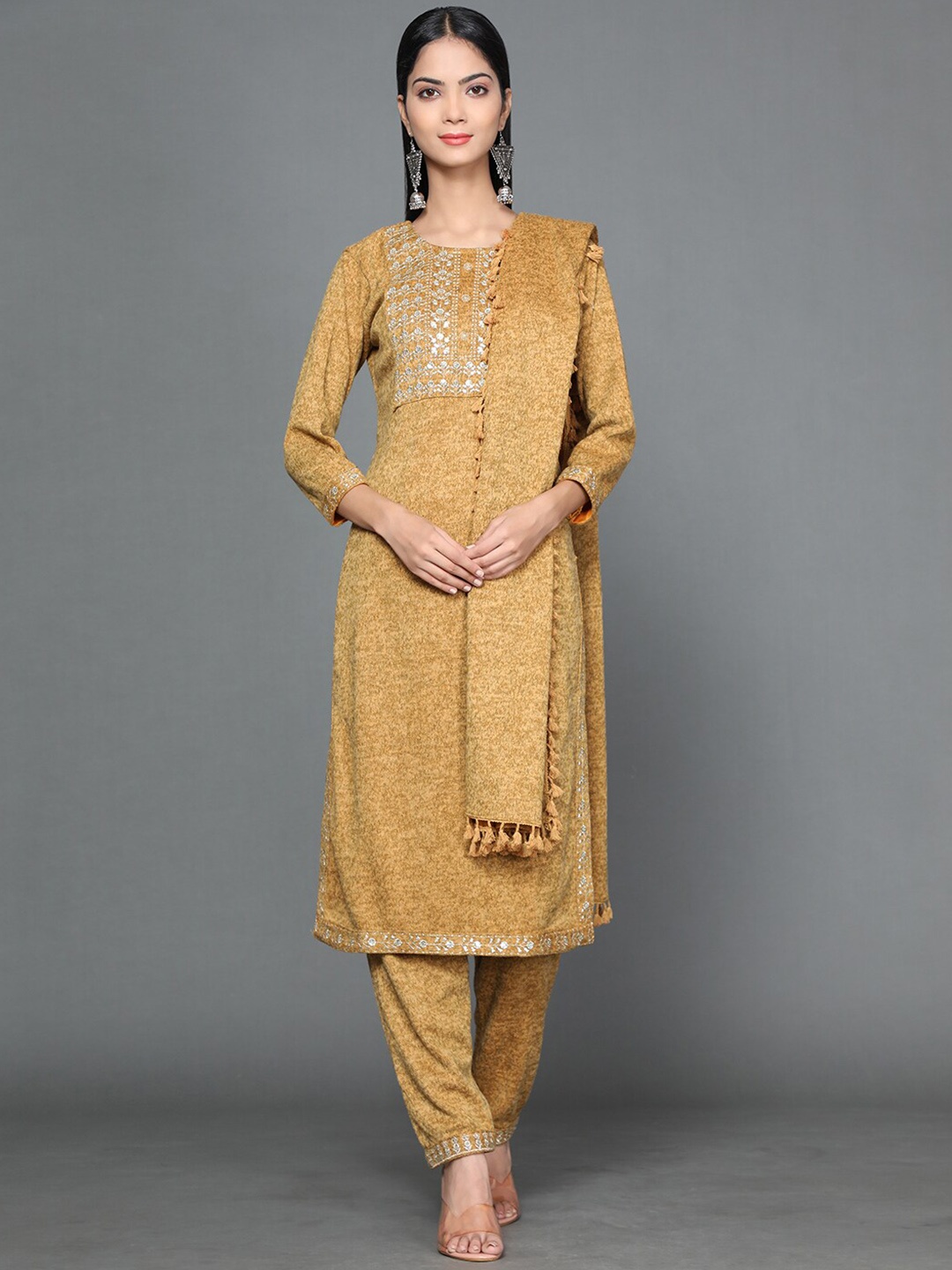 

KALINI Floral Yoke Design Thread Work Pure Wool Kurta With Trousers & Dupatta, Mustard