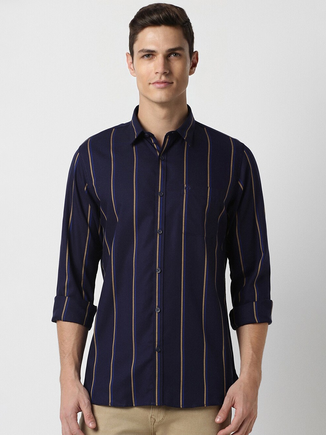 

Peter England Casuals Slim Fit Vertical Striped Pure Cotton Casual Shirt, Navy blue