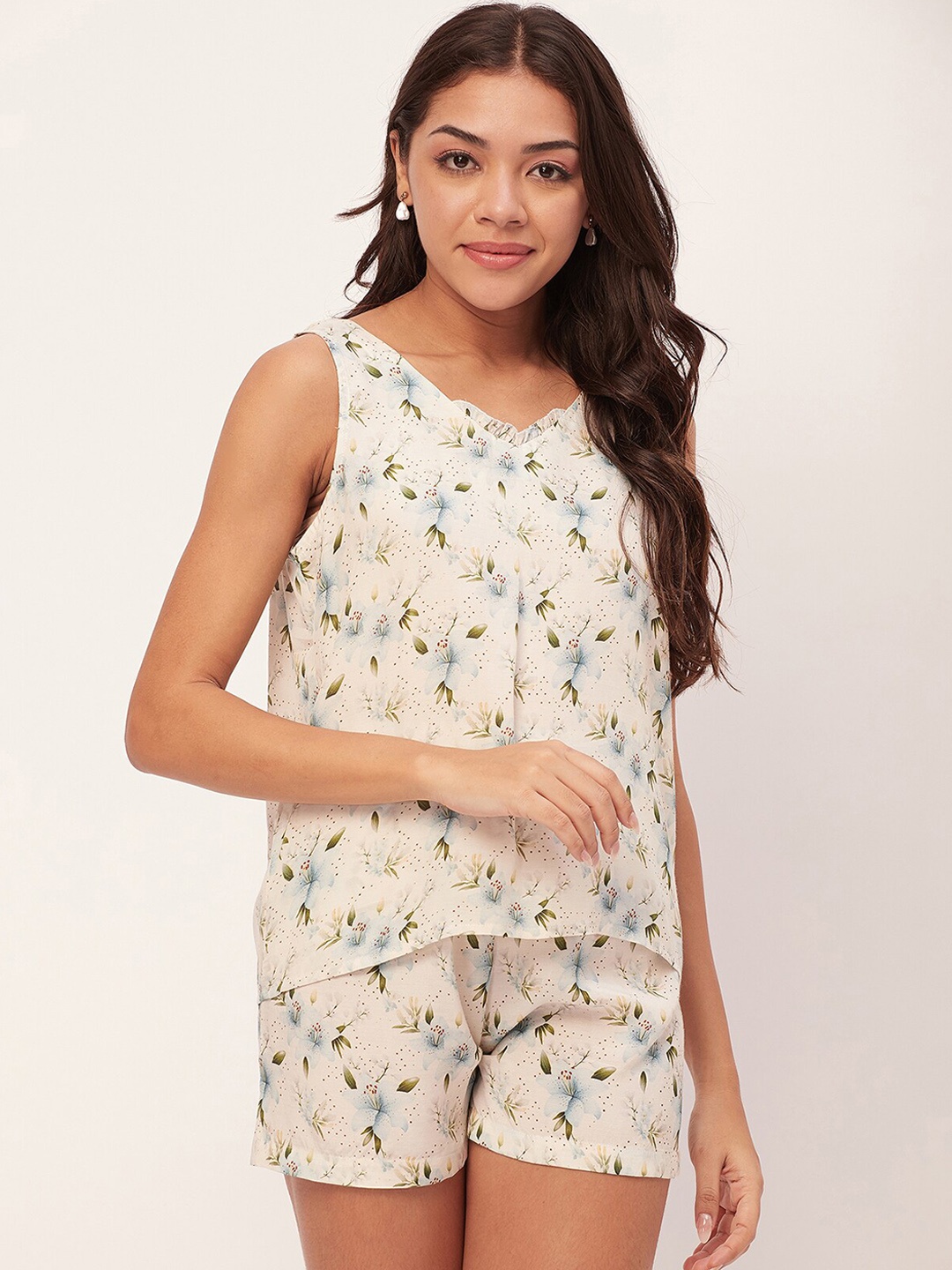 

Moomaya Floral Printed Top With Shorts, White