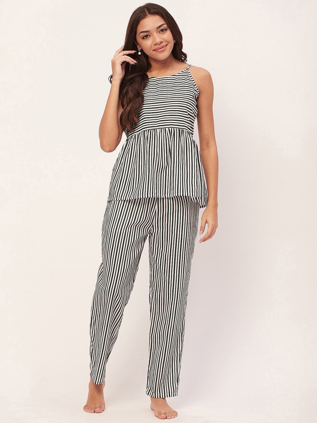 

Moomaya Striped Pure Cotton Night Suit, White