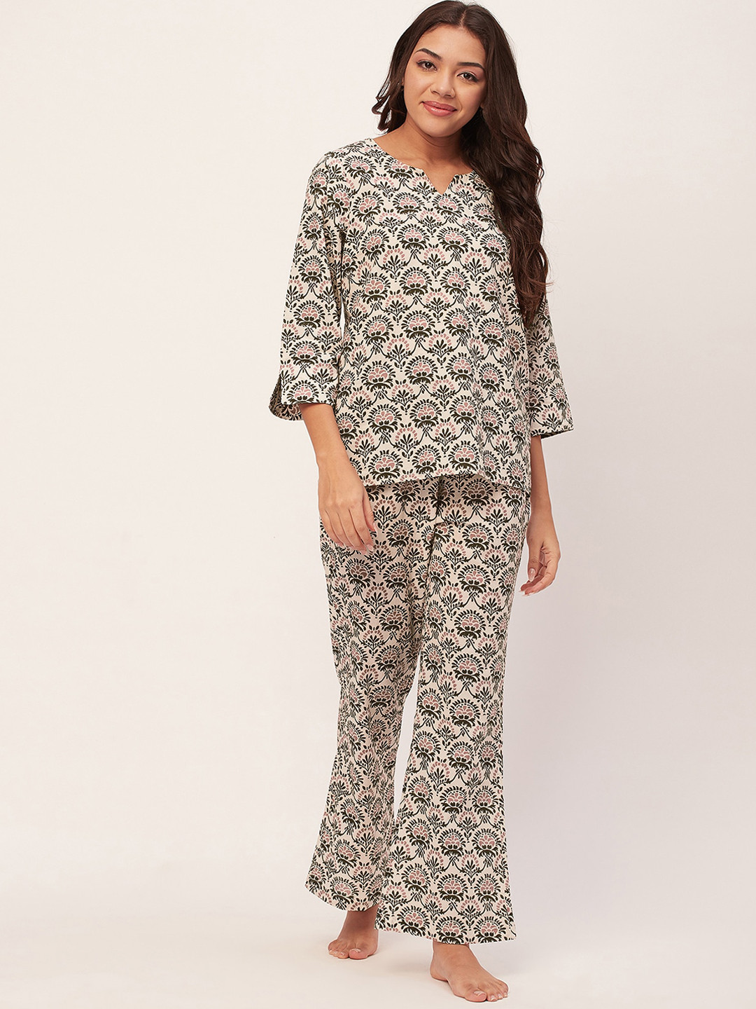 

Moomaya Floral Printed Pure Cotton Night suit, Off white