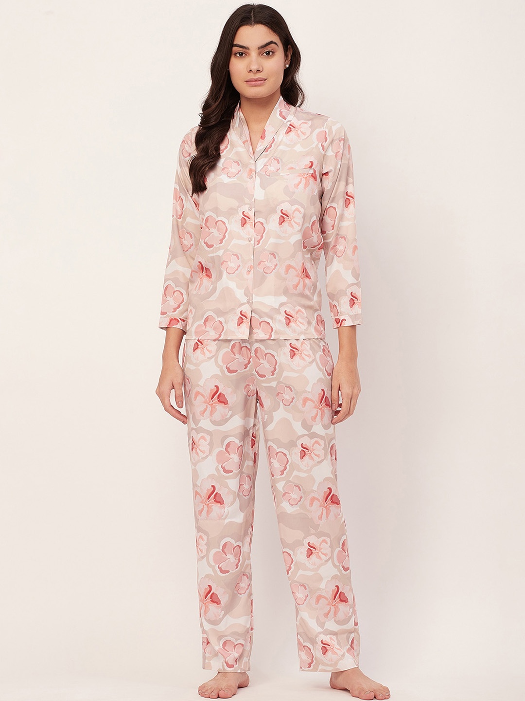 

Moomaya Floral Printed Shawl Collar Satin Shirt & Shorts, Beige