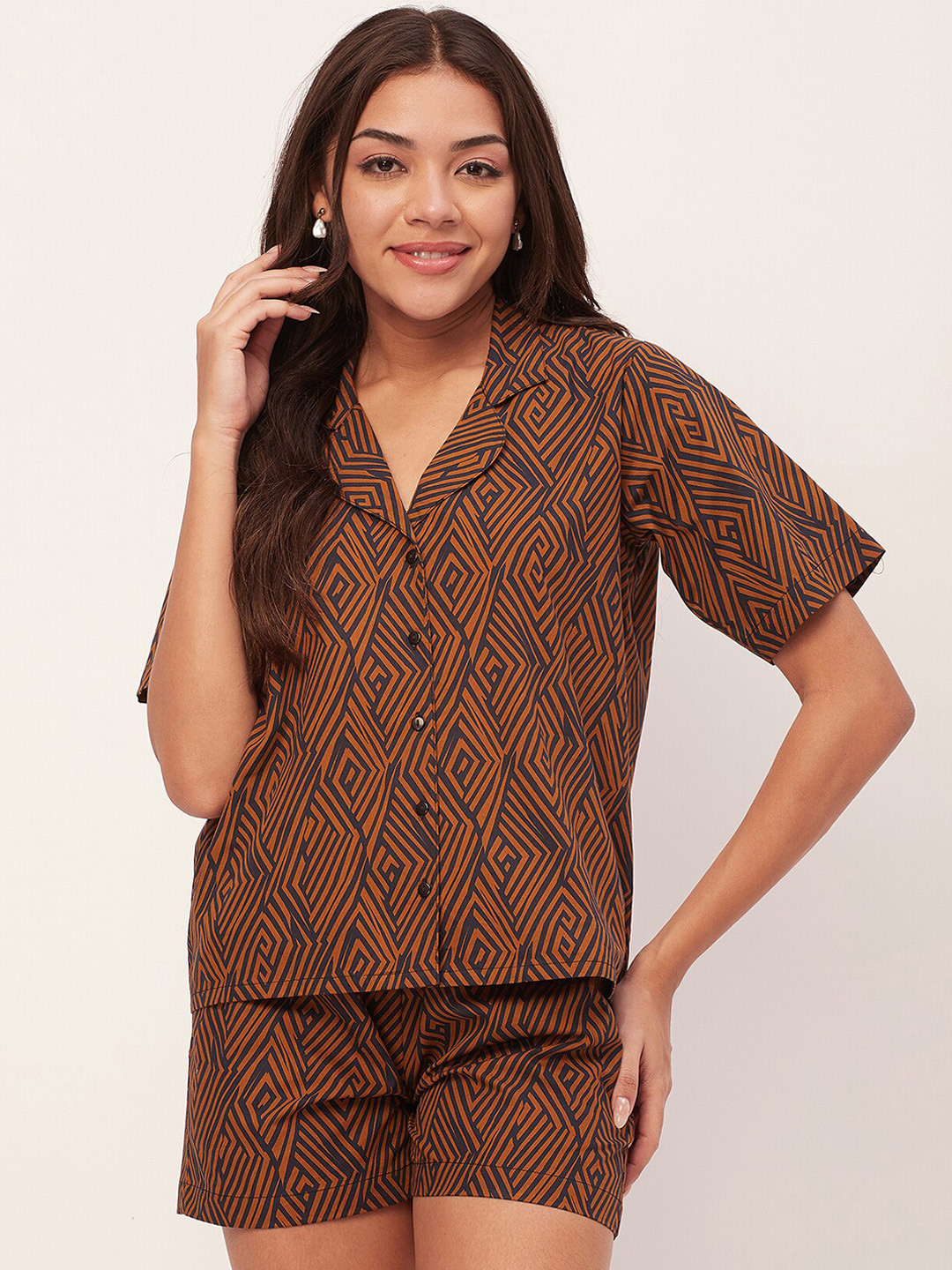 

Moomaya Geometric Printed Lapel Collar Pure Cotton Shirt & Shorts, Brown