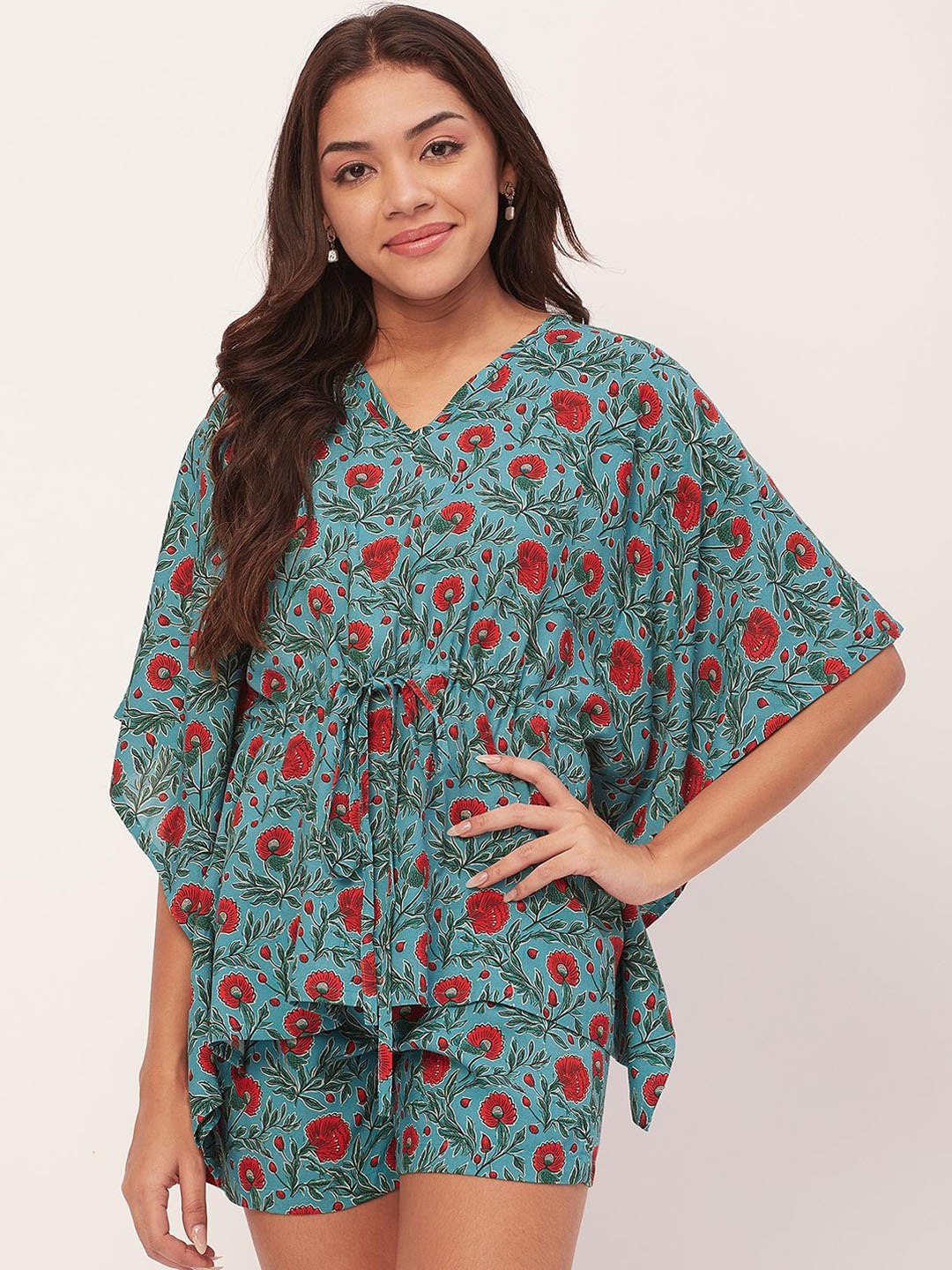 

Moomaya Floral Printed V-Neck Kaftan Top & Shorts, Teal