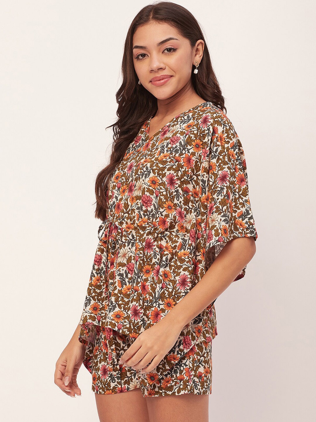 

Moomaya Floral Printed V-Neck Kaftan Top & Shorts, Brown