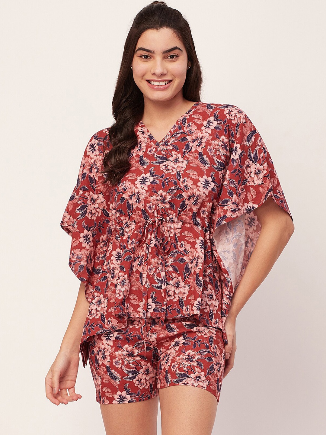 

Moomaya Floral Printed V-Neck Kaftan Top & Shorts, Brown
