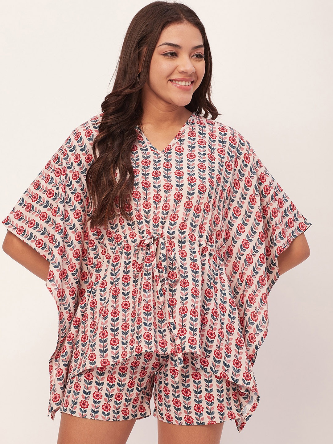 

Moomaya Floral Printed V-Neck Kaftan Top & Shorts, Off white