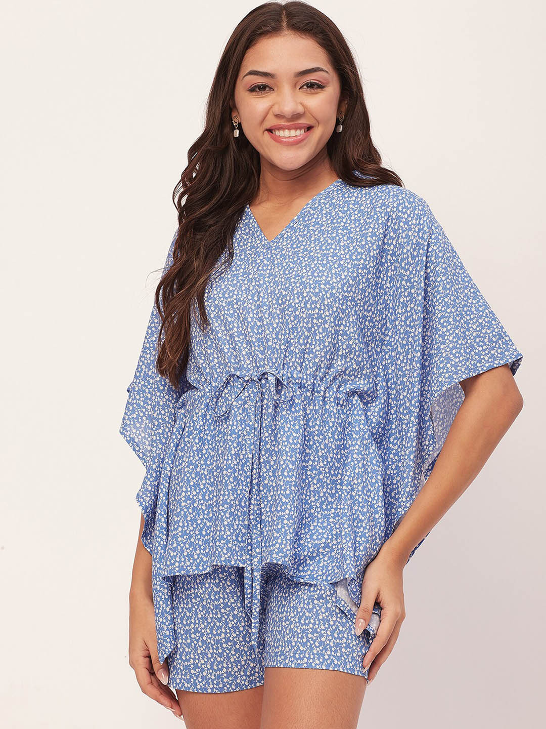 

Moomaya Floral Printed Kaftan Night suit, Blue