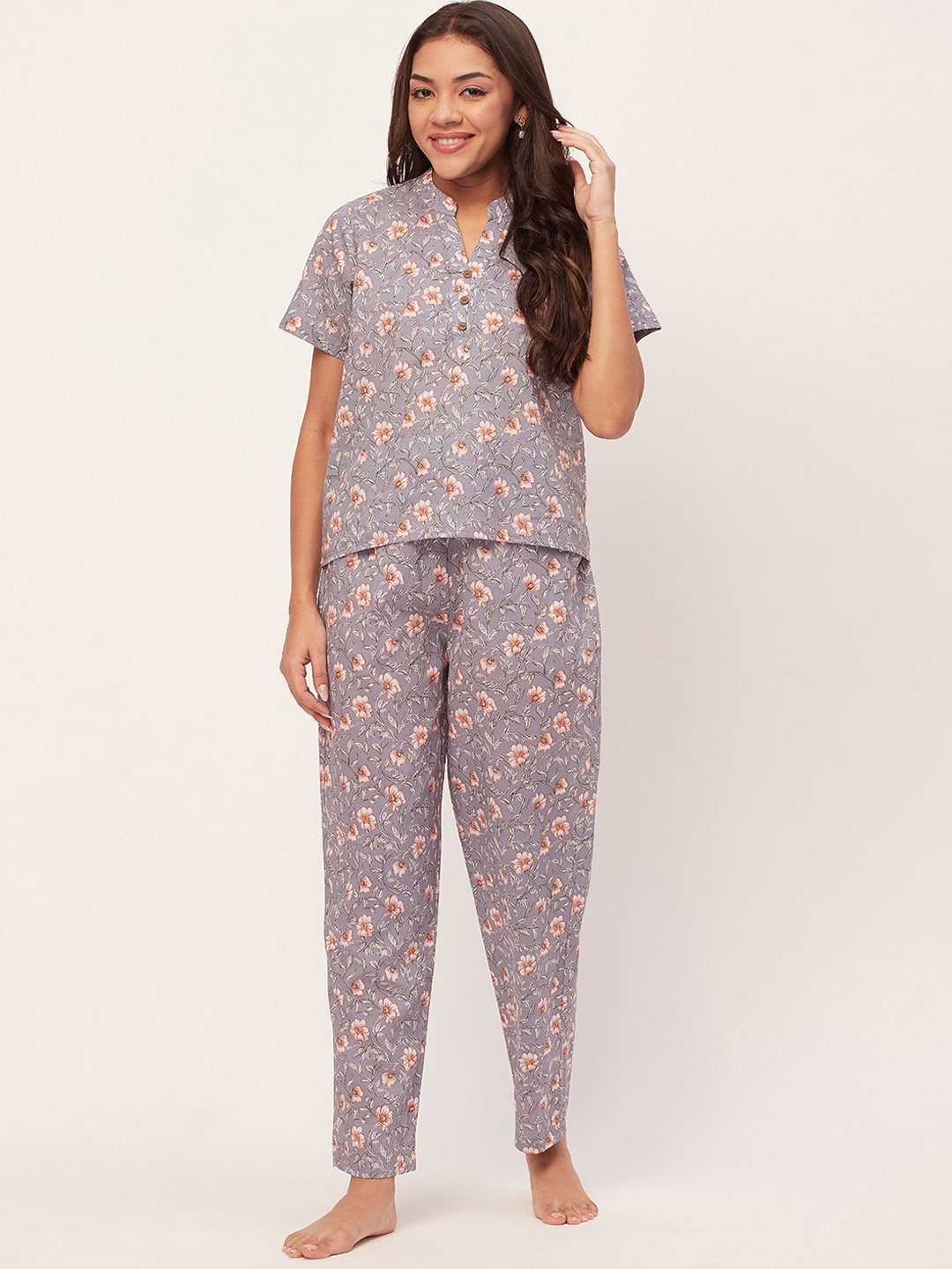 

Moomaya Floral Printed Cotton Night suit, Blue