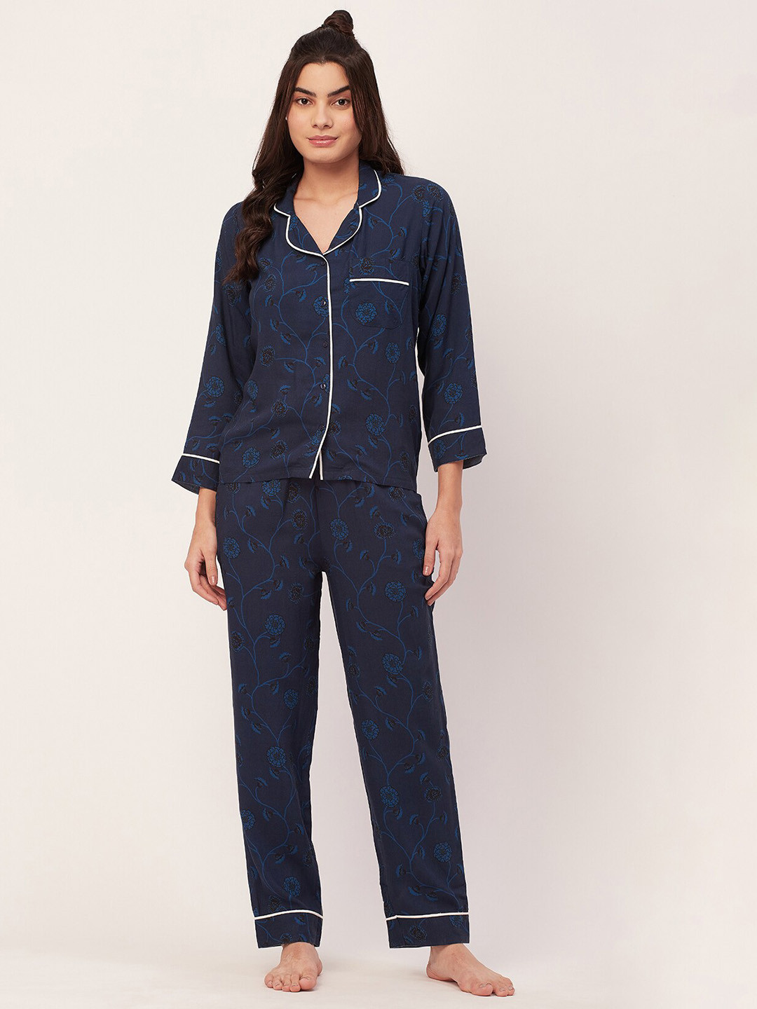 

Moomaya Floral Printed Lapel Collar Night Suit, Navy blue
