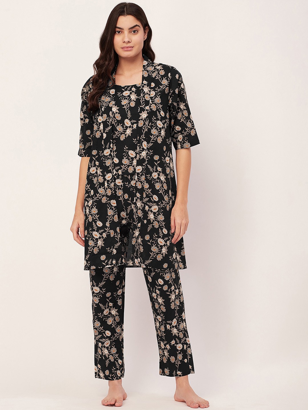 

Moomaya Floral Printed Pure Cotton Night Suit, Black