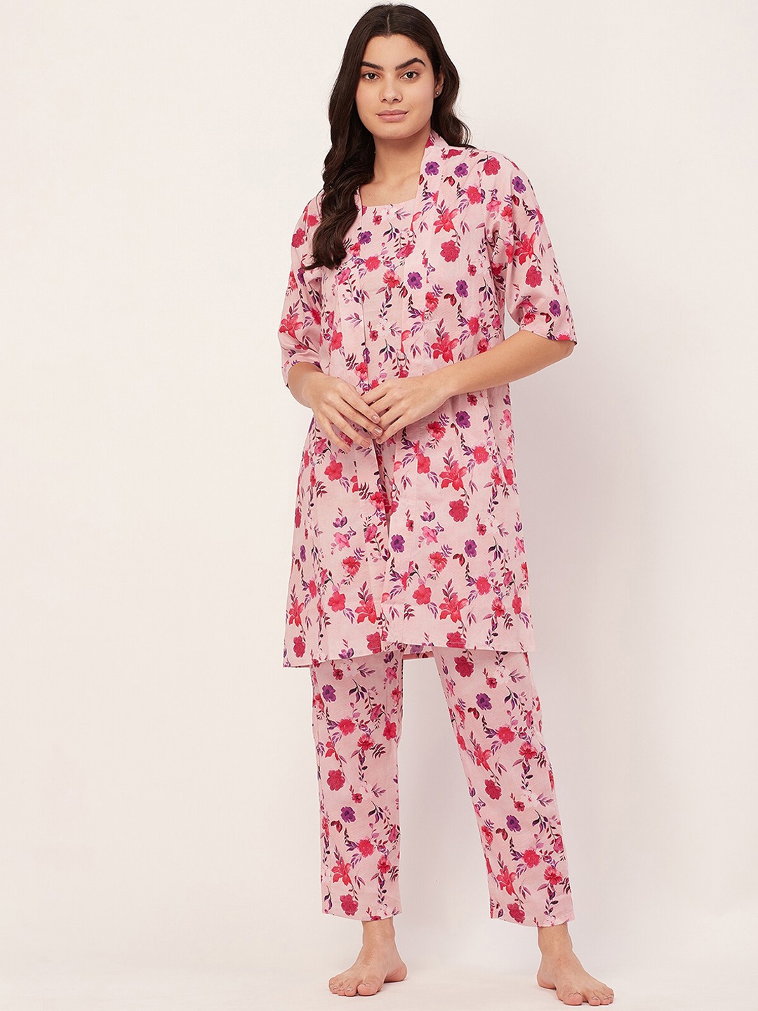 

Moomaya 3-Pieces Floral Printed Pure Cotton Night Suit, Pink