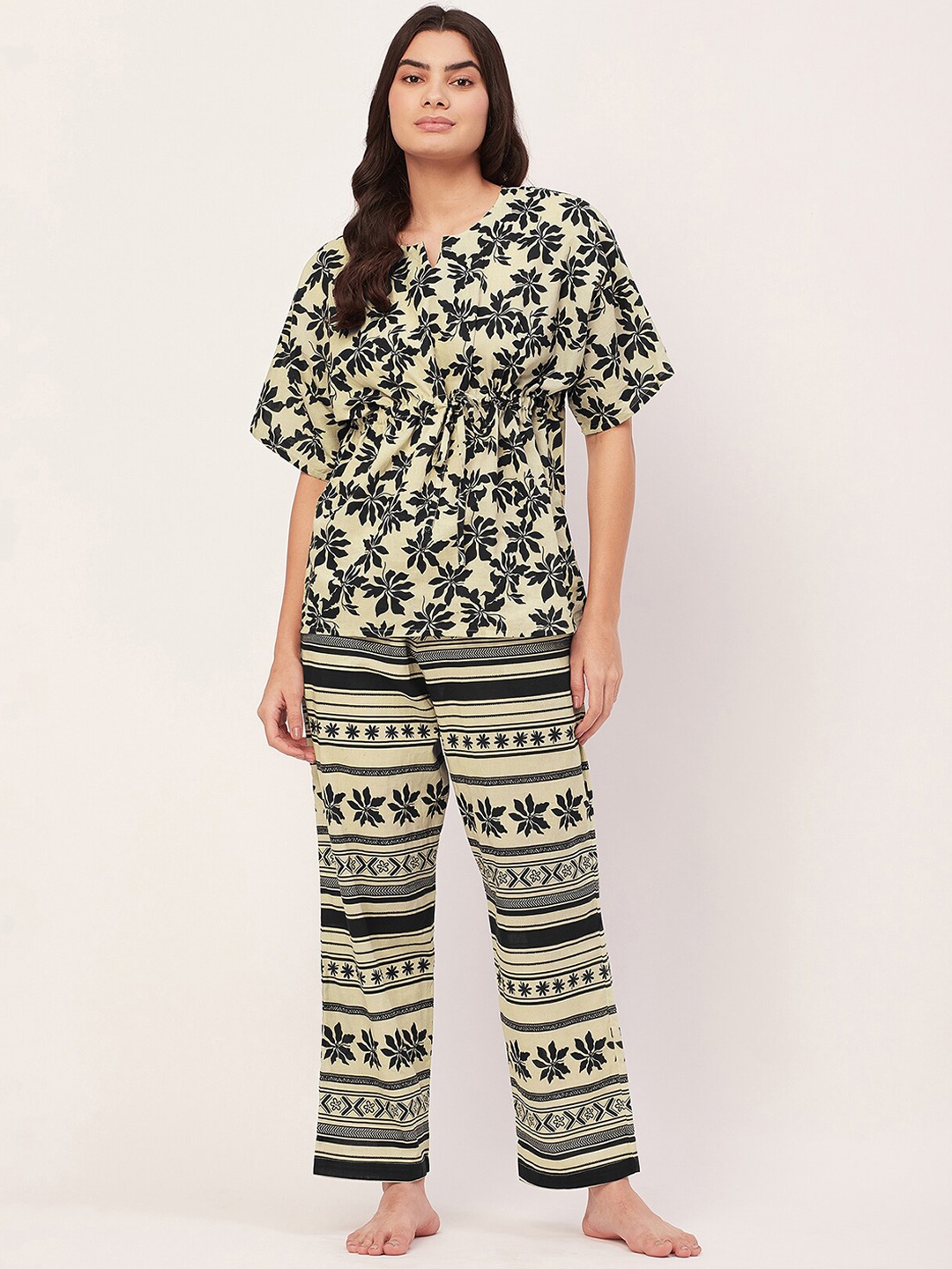 

Moomaya Printed Cotton Top With Pyjamas Night Suit, Beige
