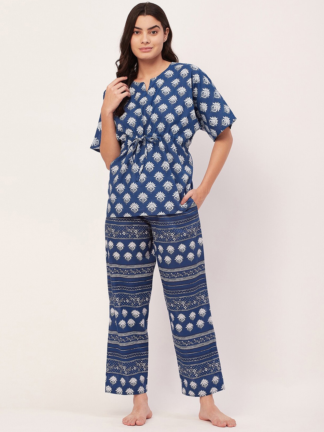 

Moomaya Printed Cotton Top With Pyjamas Night Suit, Blue