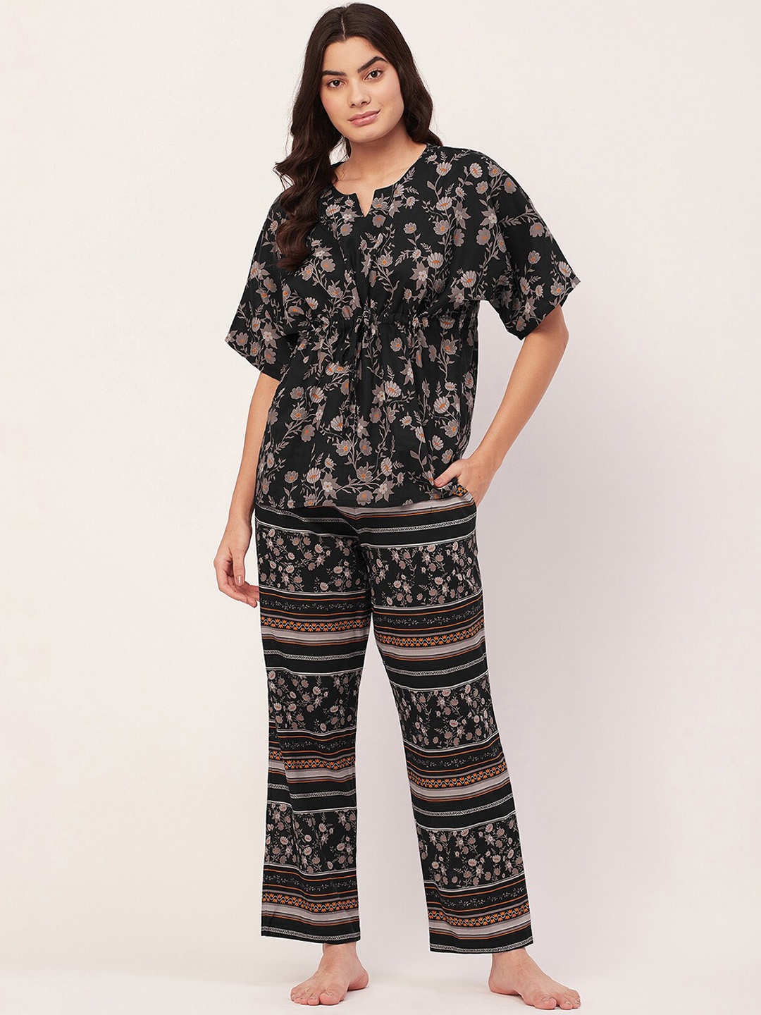 

Moomaya Floral Printed Notched Neck Pure Cotton Top & Lounge Pants, Black