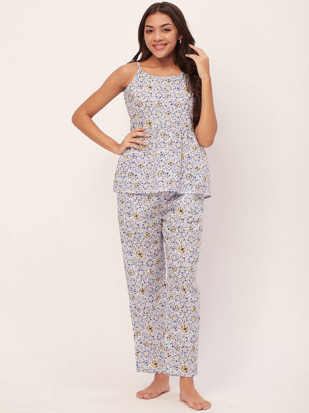 

Moomaya Floral Printed Sleeveless Pure Cotton Top & Lounge Pants, White