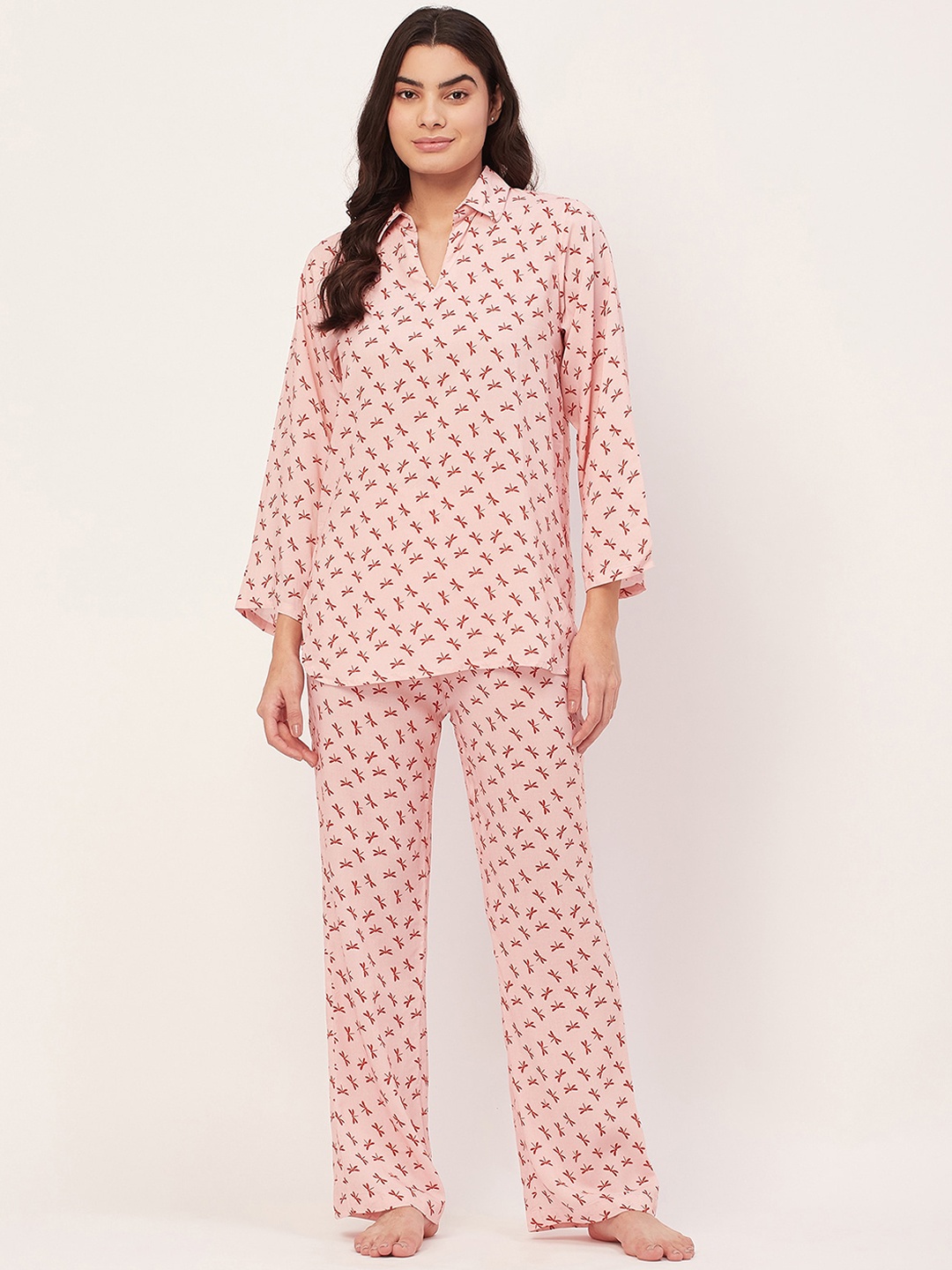 

Moomaya Floral Printed Shirt Collar Longline Top & Lounge Pants, Peach