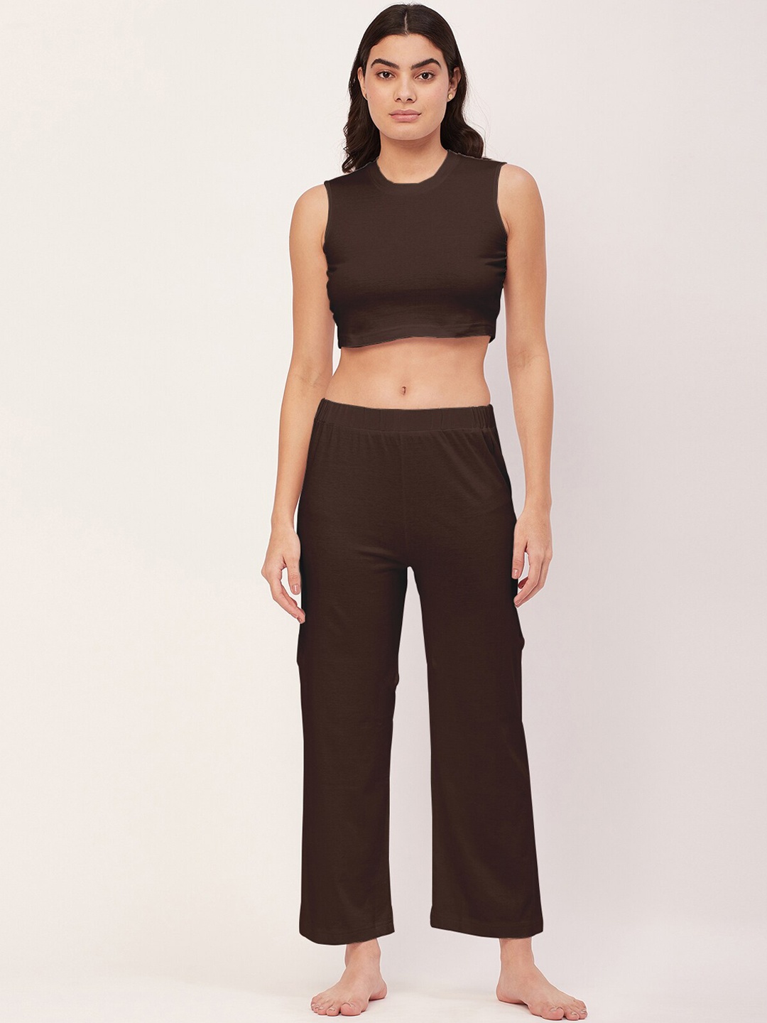 

Moomaya Round Neck Crop Top & Pyjama, Brown