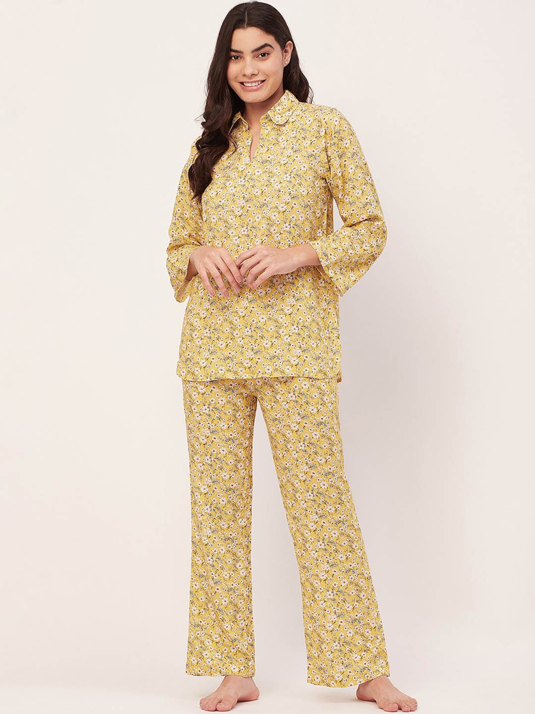 

Moomaya Floral Printed Shirt Collar Top & Pyjama, Yellow