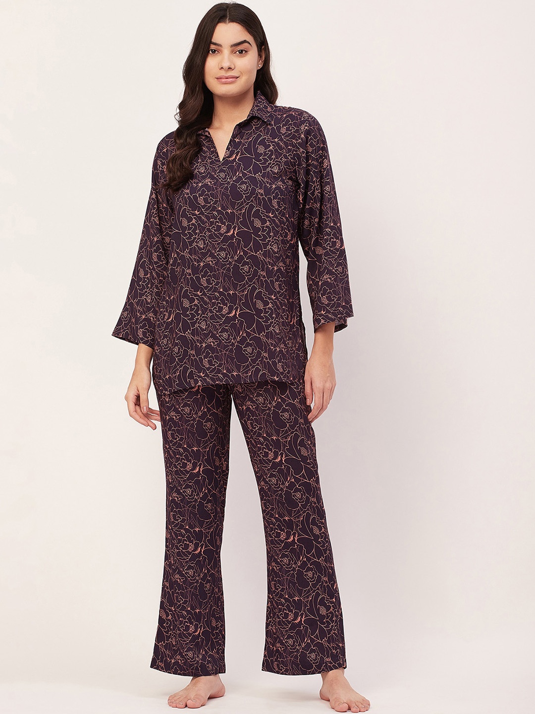 

Moomaya Floral Printed Shirt Collar Top & Pyjama, Blue
