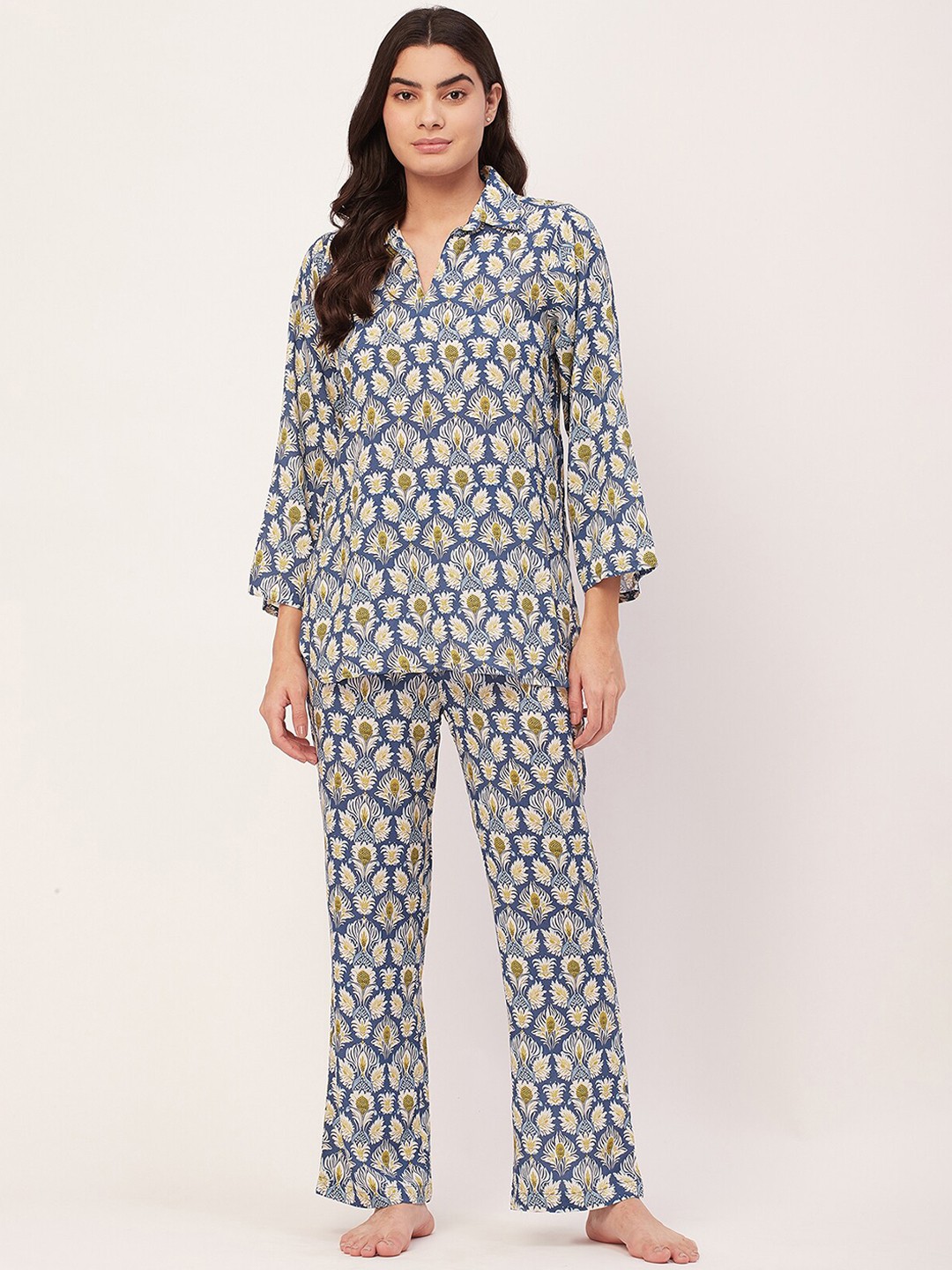 

Moomaya Floral Printed Shirt Collar Top & Pyjama, Blue