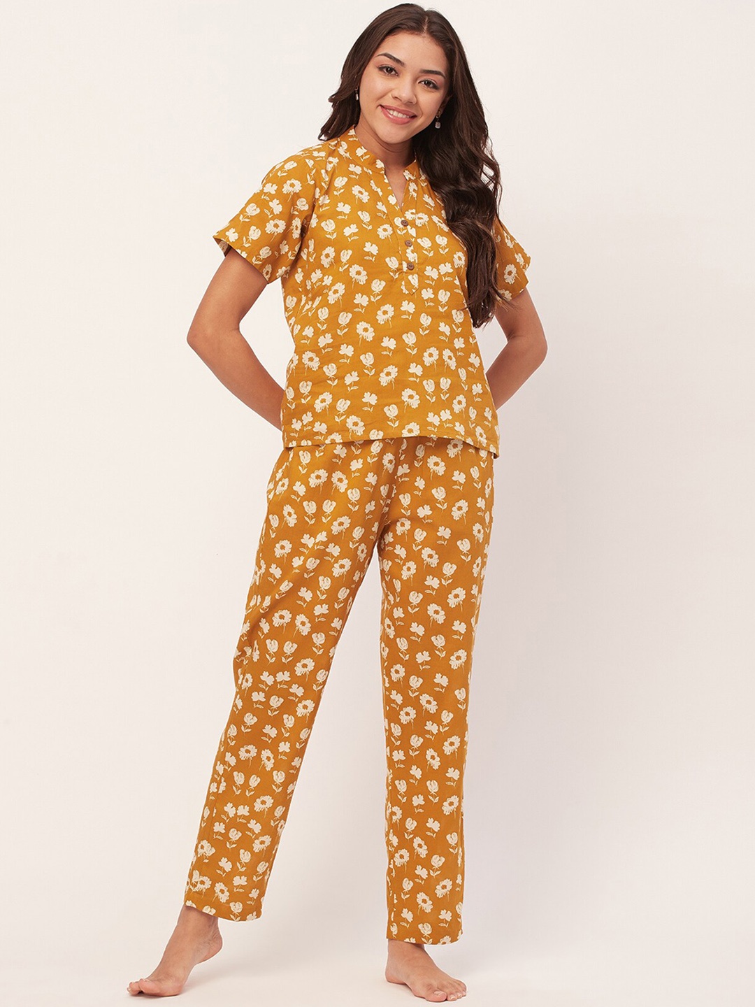 

Moomaya Floral Printed Mandarin Collar Pure Cotton Top & Pyjama, Mustard