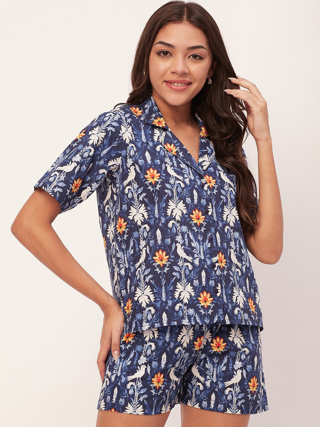 

Moomaya Floral Printed Cotton Shirt With Shorts, Navy blue