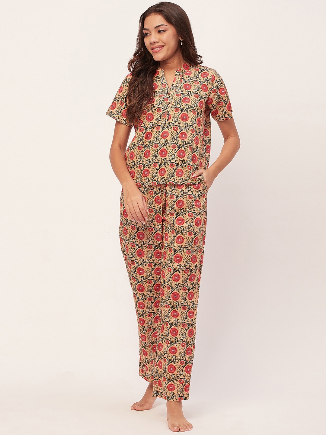 

Moomaya Floral Printed Mandarin Collar Pure Cotton Night Suit, Peach