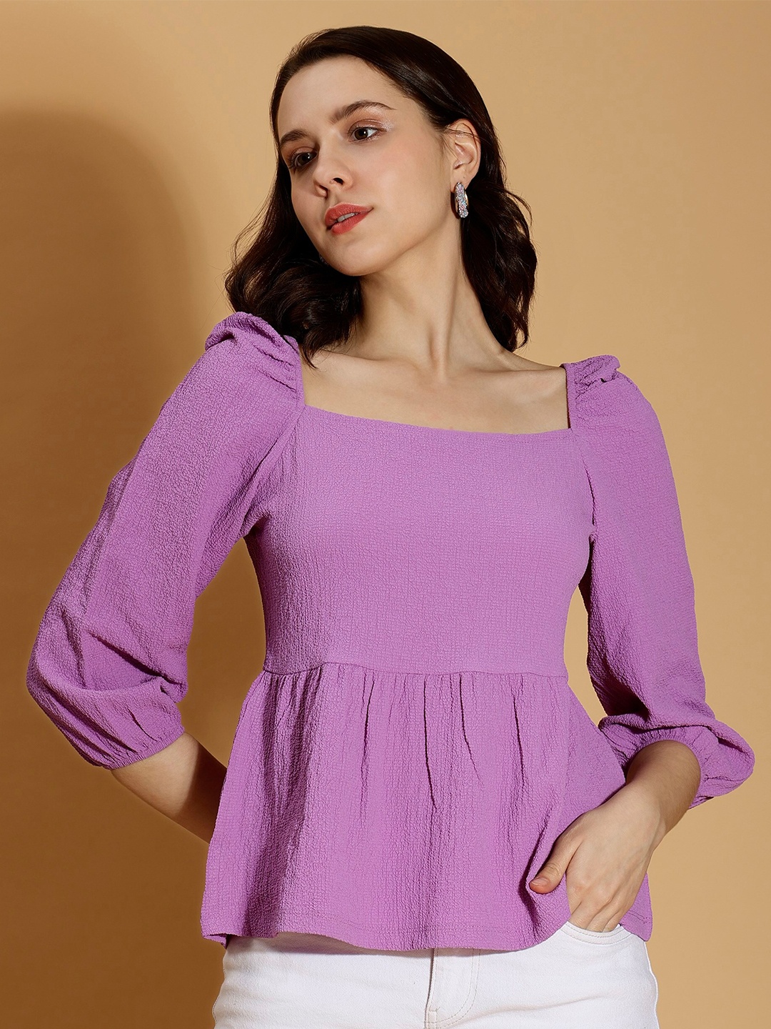 

DressBerry Purple Textured Puff Sleeves Peplum Top