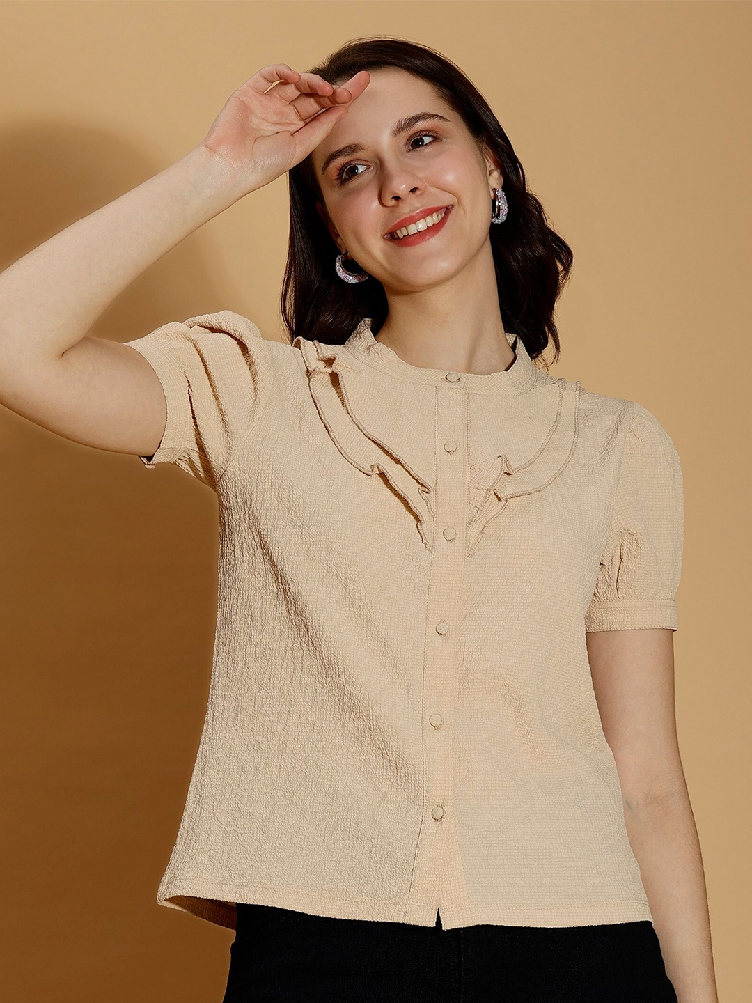 

DressBerry Beige Textured Puff Sleeves Shirt Style Top