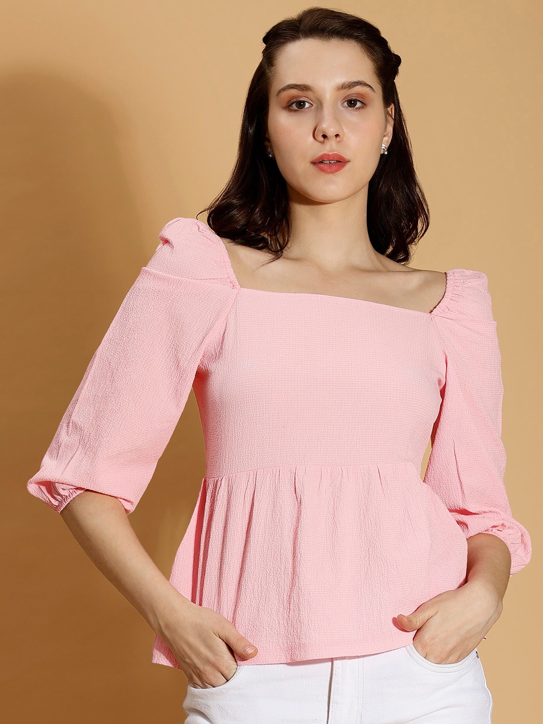 

DressBerry Pink Checked Square Neck Puff Sleeve Peplum Top
