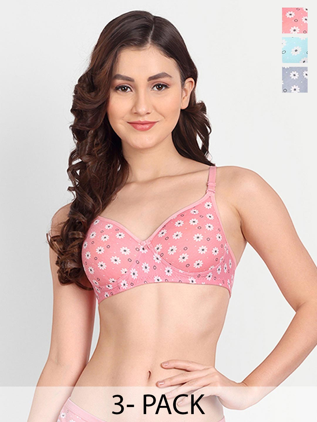 

Liigne Pack of 3 Floral Printed Lightly Padded Cotton Everyday Bras With All Day Comfort, Blue