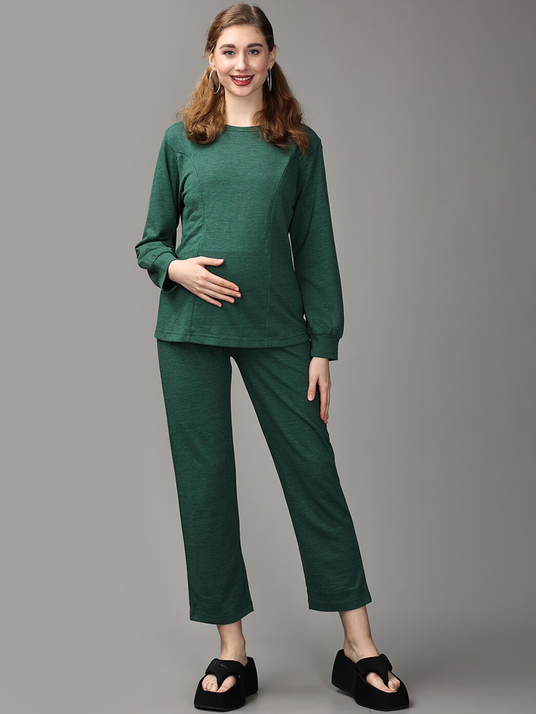 

The Mom Store Maternity & Nursing Pure Cotton Sweatshirt & Trouser Co-Ords, Green