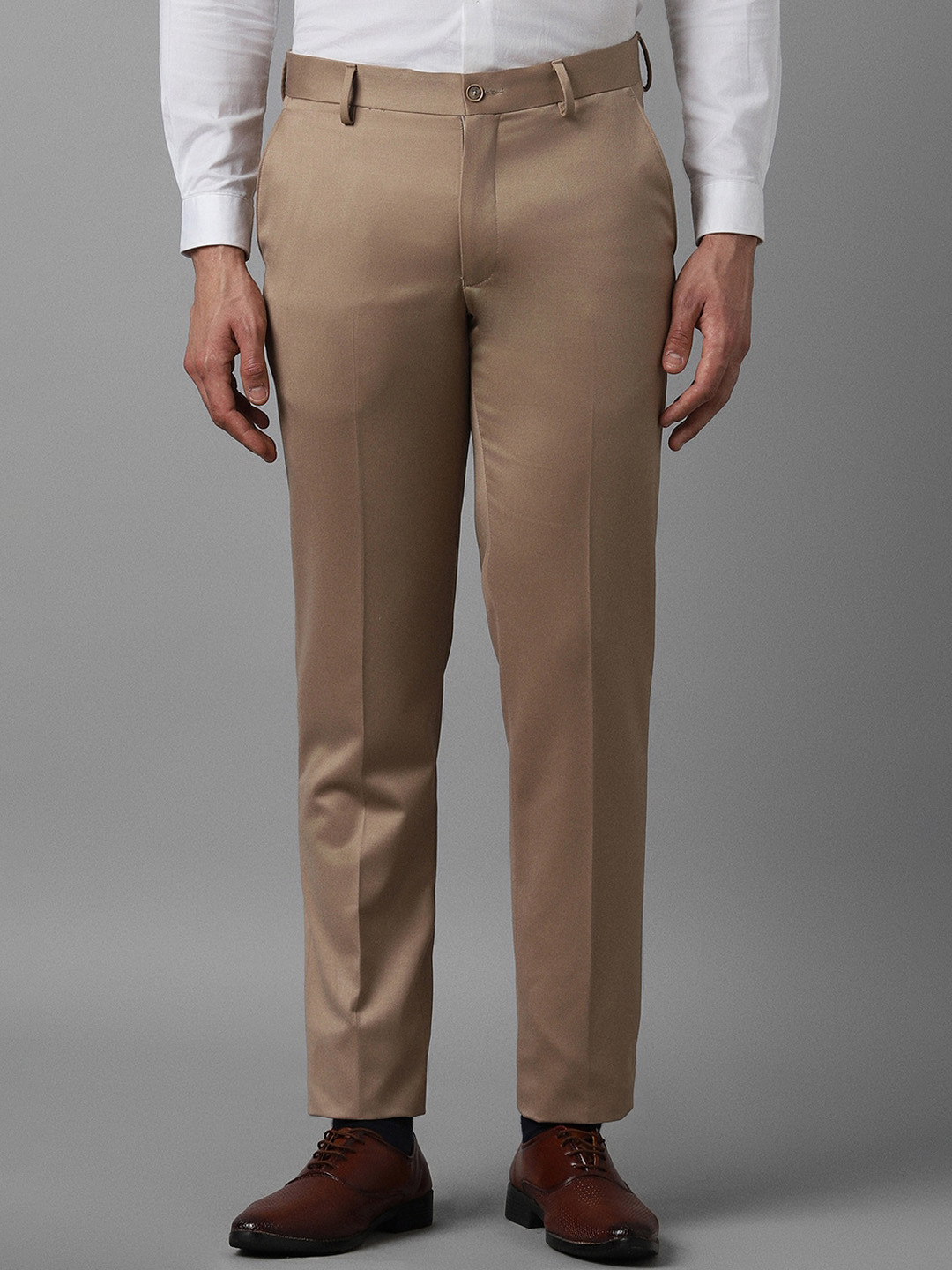 

Louis Philippe Men Slim Fit Mid-Rise Plain Formal Trousers, Khaki