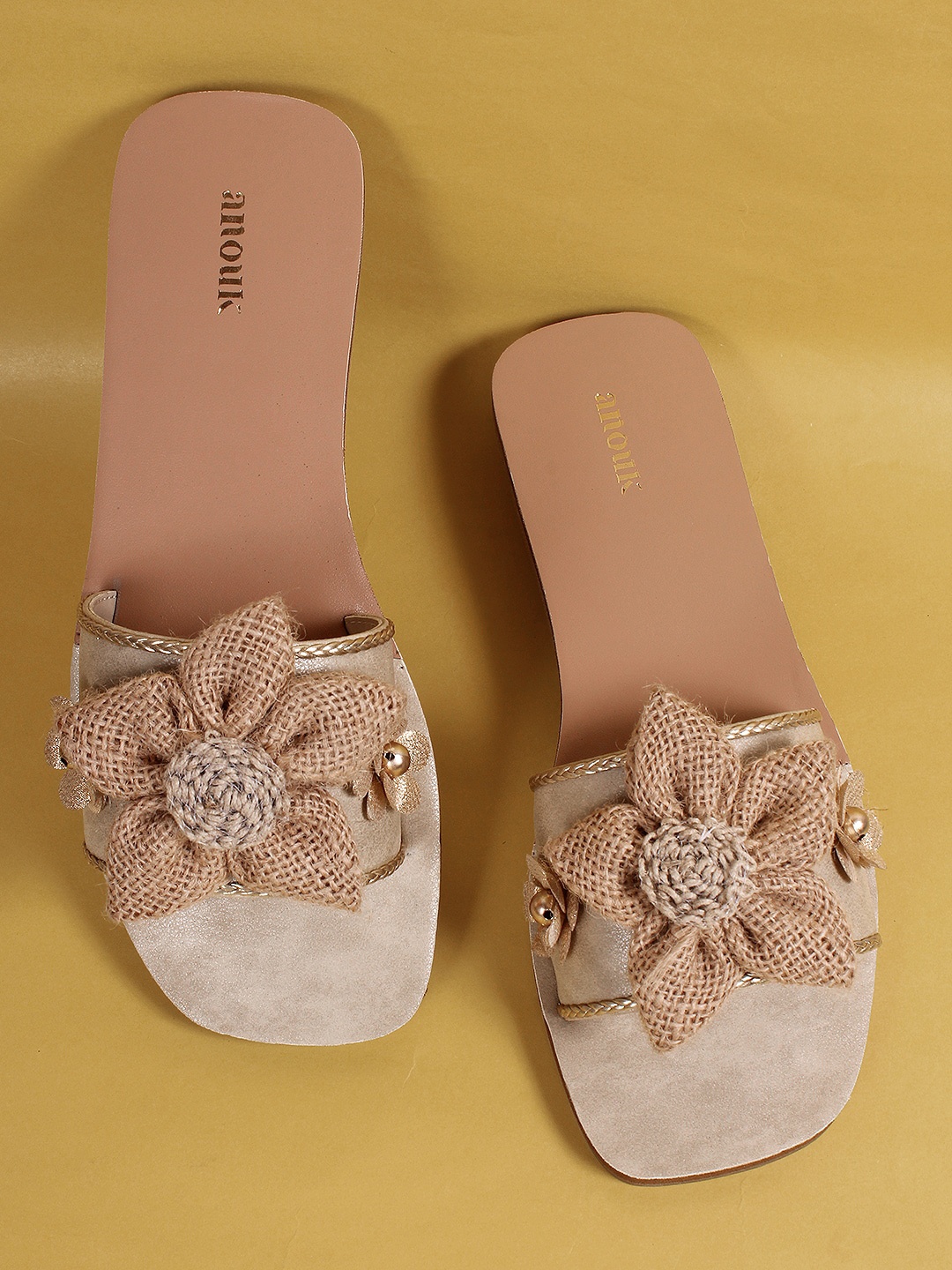 

Anouk Beige & Gold-Toned Embellished Open Toe Flats